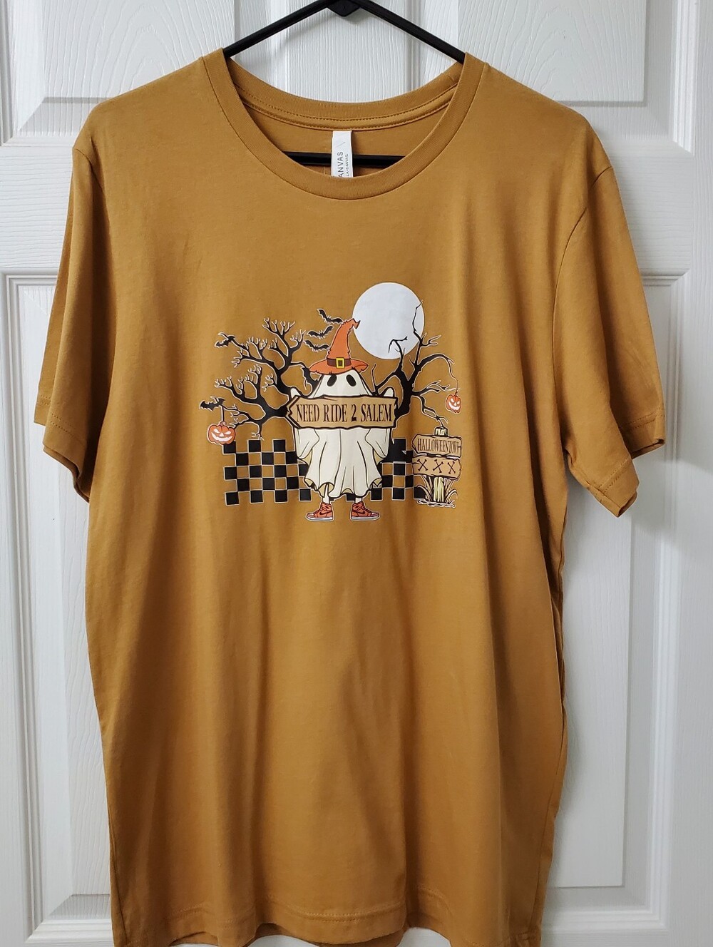 Bella Canvas Halloween T-Shirt With Ghost With Sign "Need Ride To Salem" Size L
